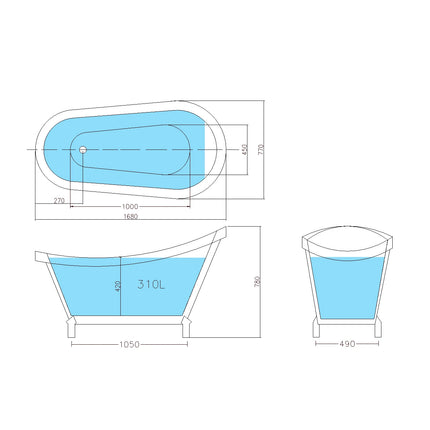 Bathroom Gloss White Espada Floor Freestanding Bathtub with No Overflow 1680X770X780 ,