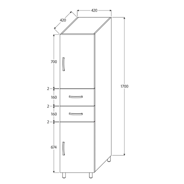 Fienza Unicab Tallboy, 2 Solid Doors, 2 Drawers ,