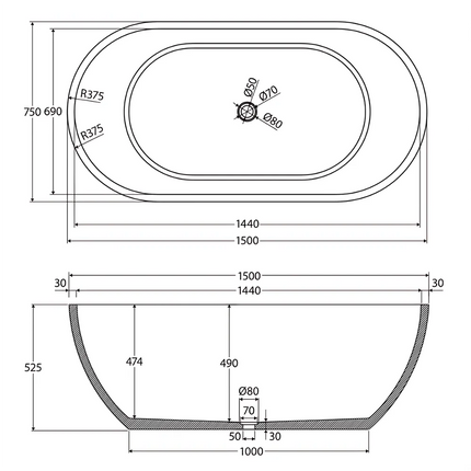Fienza Jada Concrete Freestanding Bath, 1500mm, Tuscan
