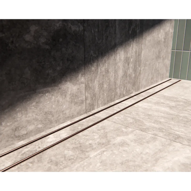 Tile-In 21mm Depth Linear Aluminium Drain Brushed Copper 76mm Outlet 1000~3000mm
