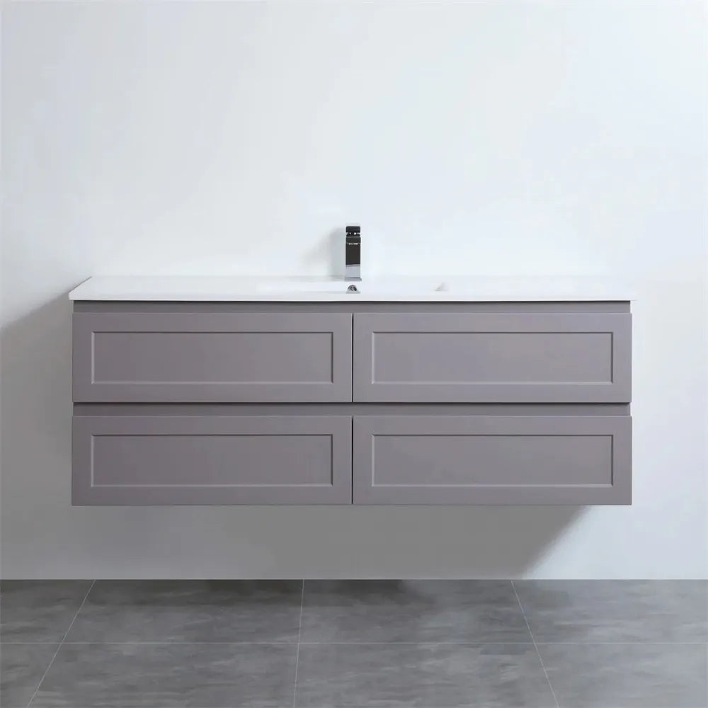 Fremantle Hampton Style Matte Grey Wall Hung Vanity Cabinet & Ceramic Top 1500L X 450W X 560H ,
