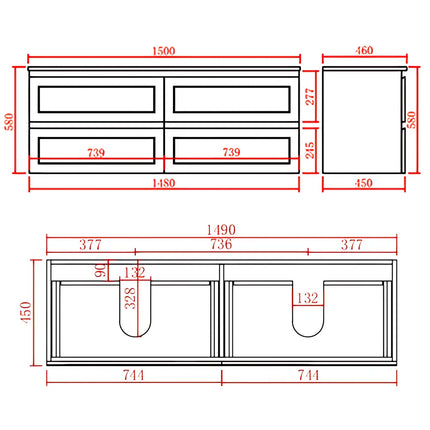 Fremantle Hampton Style Matte Grey Wall Hung Vanity Cabinet & Ceramic Top 1500L X 450W X 560H ,