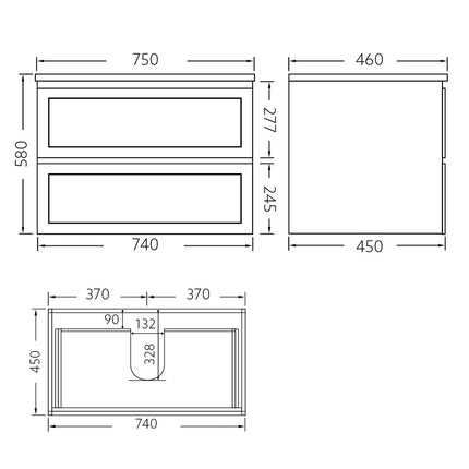 Fremantle Hampton Style Matte Grey Wall Hung Vanity Cabinet & Ceramic Top 750L X 450W X 560H ,