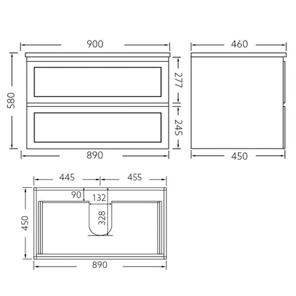 Fremantle Hampton Style Matte Grey Wall Hung Vanity Cabinet & Ceramic Top 900L X 450W X 560H ,