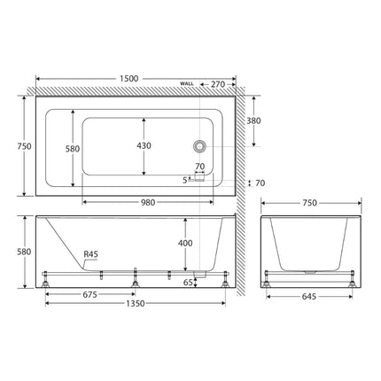 Fienza Sentor 1500 Acrylic Corner Bathtub, Gloss White