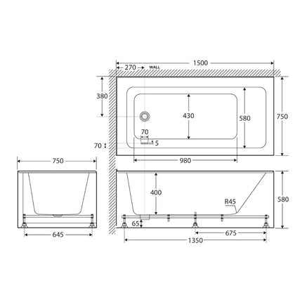 Fienza Sentor 1500 Acrylic Corner Bathtub, Gloss White