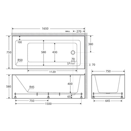 Fienza Sentor 1650 Acrylic Corner Bathtub, Gloss White ,