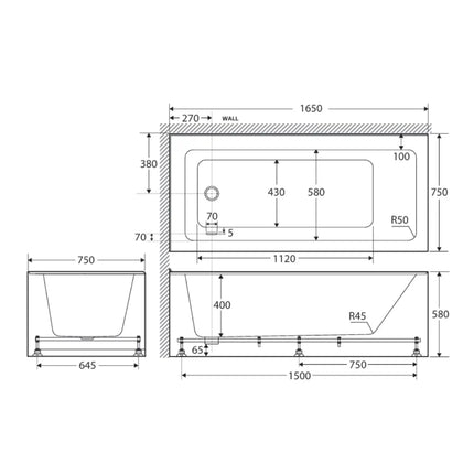 Fienza Sentor 1650 Acrylic Corner Bathtub, Gloss White ,