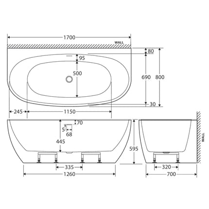 Fienza Keeto 1700 Back To Wall Acrylic Bathtub, Gloss White