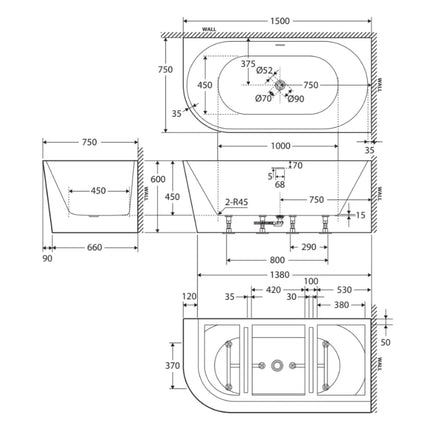 Fienza Isabella Acrylic Corner Bath, 1500mm, Matte White