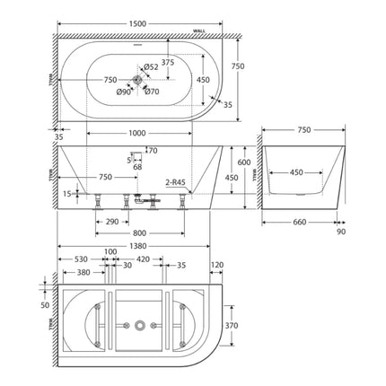 Fienza Isabella Acrylic Corner Bath, 1500mm, Matte White