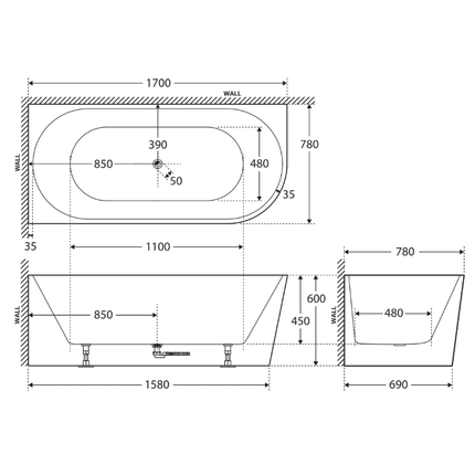 Fienza Isabella 1700 Acrylic Corner Bathtub, Gloss White, Slim Edge ,