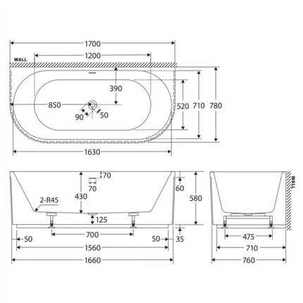 Fienza Eleanor Fluted 1700 Back To Wall Acrylic Bath, Gloss White