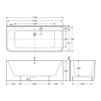 Fienza Delta 1700 Back To Wall Acrylic Bathtub, Gloss White