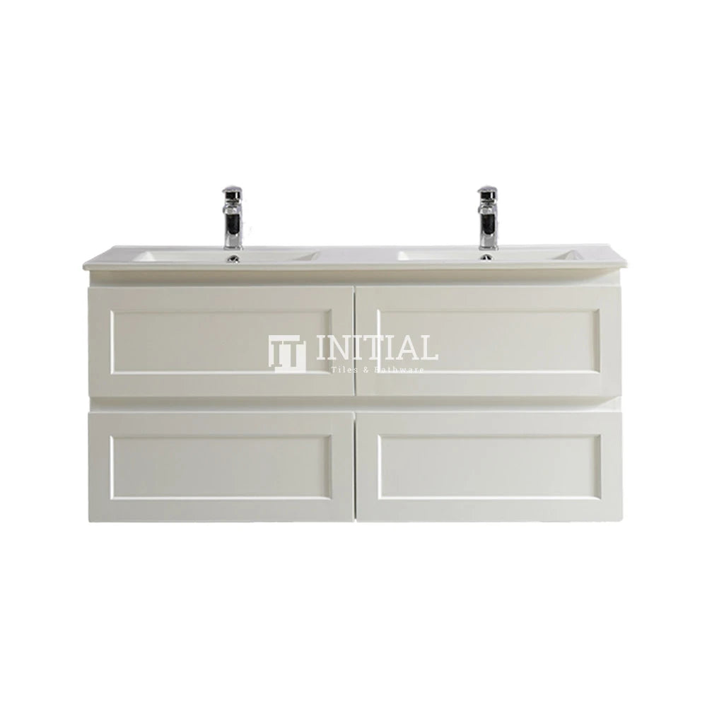 Fremantle Hampton Style Matte White Wall Hung Vanity Cabinet & Ceramic Top Double Bowl 1200W X 450H X 560D ,