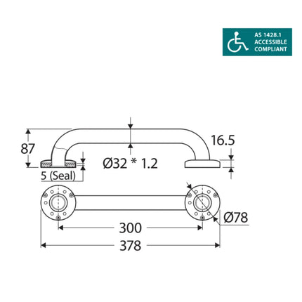 Fienza Stainless Steel Care Accessible 300mm Grab Rail ,