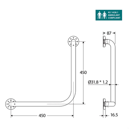 Fienza Care Ambulant 90° 450x450mm Stainless Steel Grab Rail Matte Black ,