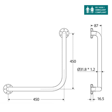 Fienza Care Ambulant 90° 450x450mm Stainless Steel Grab Rail ,