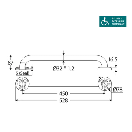 Fienza Stainless Steel Care Accessible 450mm Grab Rail ,