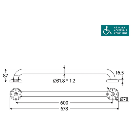 Fienza Stainless Steel Care Accessible 600mm Grab Rail Matte Black ,