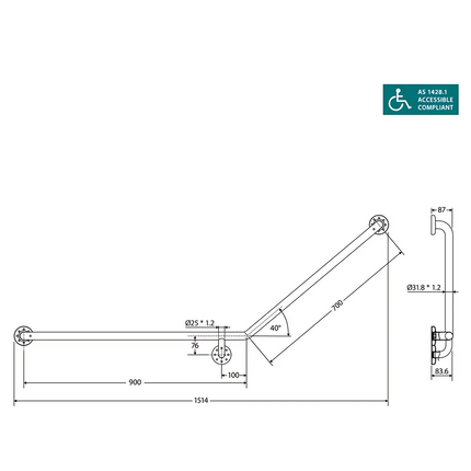 Fienza Care Ambulant 40° 900x700mm Stainless Steel Left Hand Grab Rail Matte Black ,