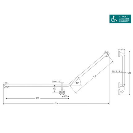 Fienza Care Ambulant 40° 900x700mm Stainless Steel Left Hand Grab Rail ,