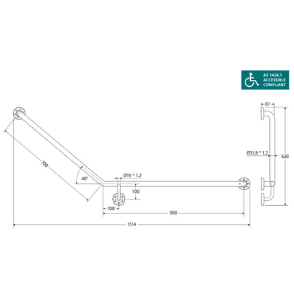 Fienza Care Ambulant 40° 900x700mm Stainless Steel Right Hand Grab Rail ,