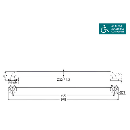 Fienza Stainless Steel Care Accessible 900mm Grab Rail ,