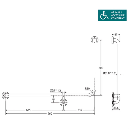 Fienza Care Ambulant 90° 960x600mm Stainless Steel Left Hand Grab Rail Matte Black ,