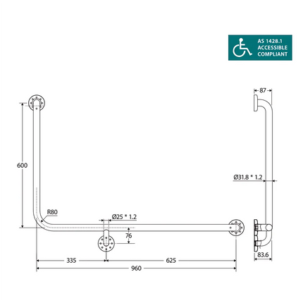 Fienza Care Ambulant 90° 960x600mm Stainless Steel Right Hand Grab Rail Matte Black ,