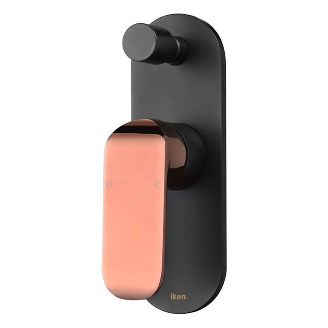 Ikon Kara Wall Mixer With Diverter Matt Black & Rose Gold Handle