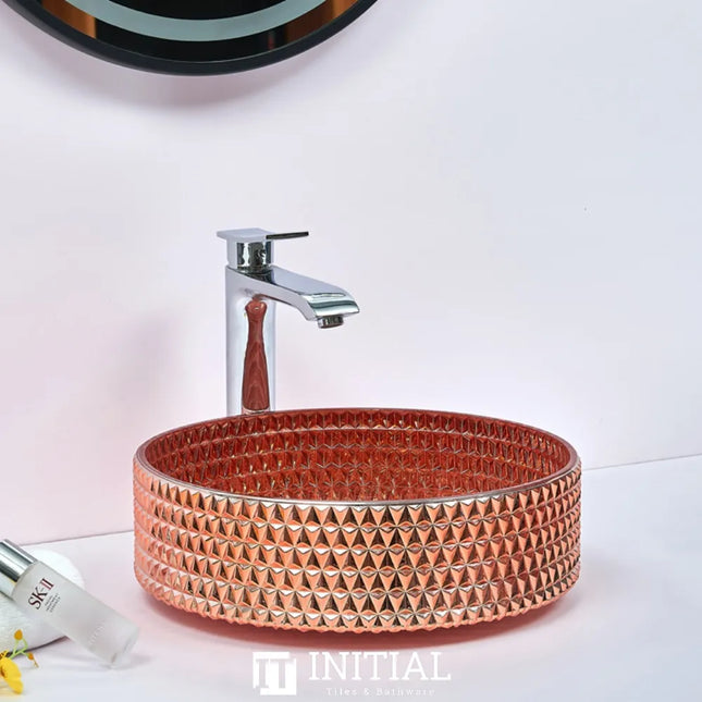 Above Counter Tempered Glass Basin Red Mosaic Triangle Round 395X395X125 ,