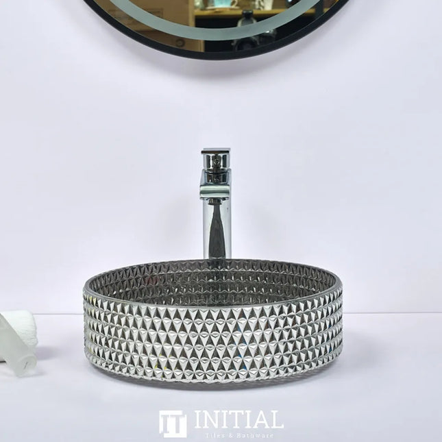 Above Counter Tempered Glass Basin Grey Mosaic Triangle Round 395X395X125 ,