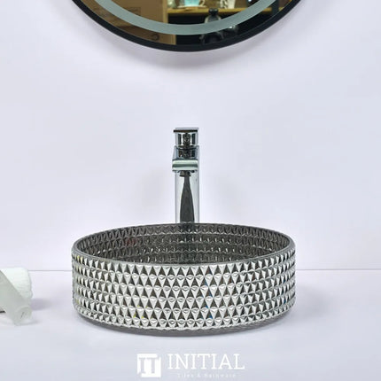 Above Counter Tempered Glass Basin Grey Mosaic Triangle Round 395X395X125 ,