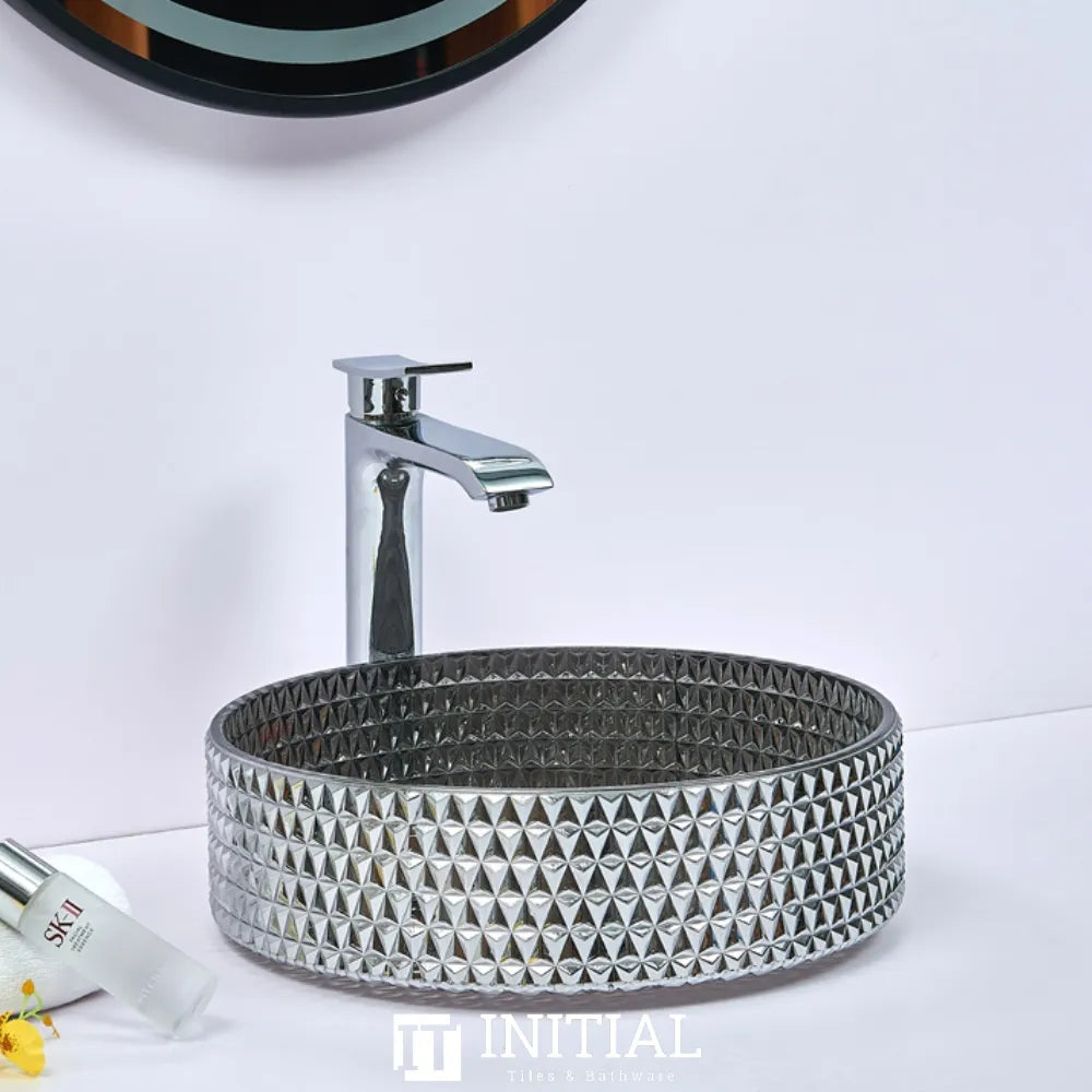 Above Counter Tempered Glass Basin Grey Mosaic Triangle Round 395X395X125 ,