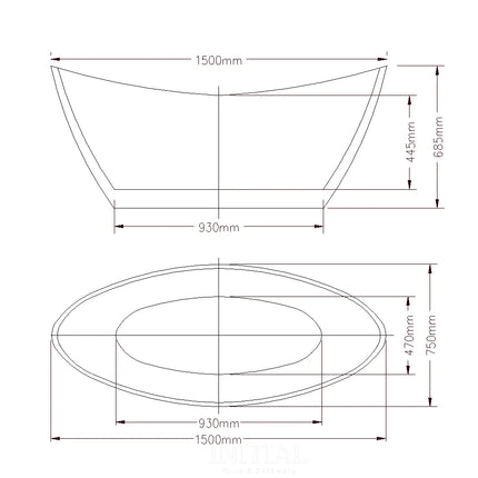 Rika 1500 Freestanding Bathtub Gloss White Non-Over Flow 1500X755X685 ,