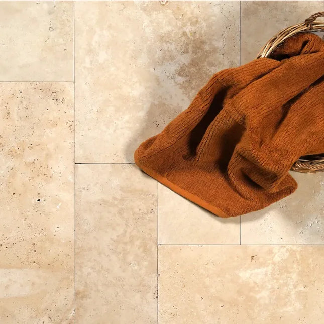 Outdoor Stone Ivory Travertine Unfilled & Tumbled Tile French Pattern 12mm