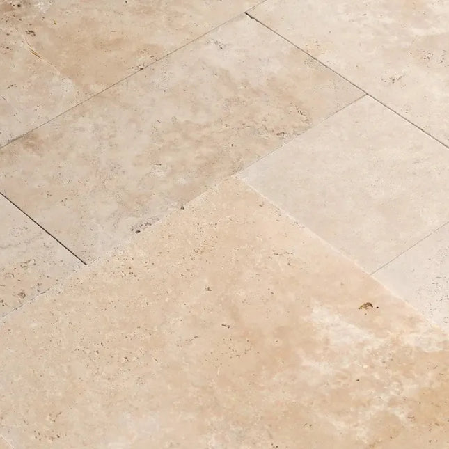 Outdoor Stone Ivory Travertine Unfilled & Tumbled Tile French Pattern 12mm