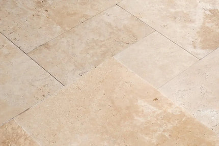 Outdoor Stone Ivory Travertine Unfilled & Tumbled Tile French Pattern 12mm