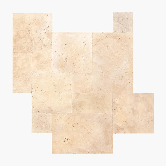 Outdoor Stone Ivory Travertine Unfilled & Tumbled Paver French Pattern 30mm