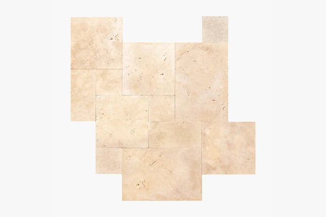 Outdoor Stone Ivory Travertine Unfilled & Tumbled Paver French Pattern 30mm