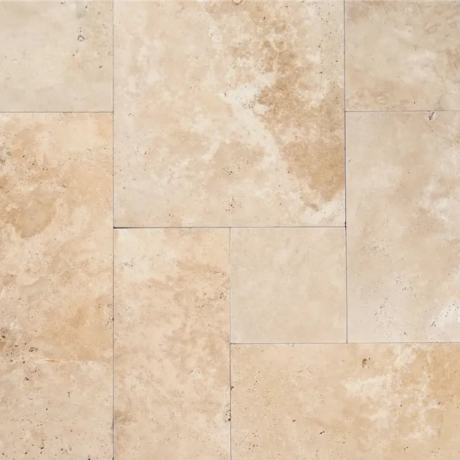 Outdoor Stone Ivory Travertine Unfilled & Tumbled Paver French Pattern 30mm
