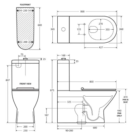 Fienza Delta Care Back to Wall Toilet Suite, Black Seat, Raised Buttons