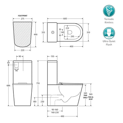 Fienza Isabella Junior Back-to-Wall Toilet Suite Tornado Rimless with Anti-Vandal Kit ,