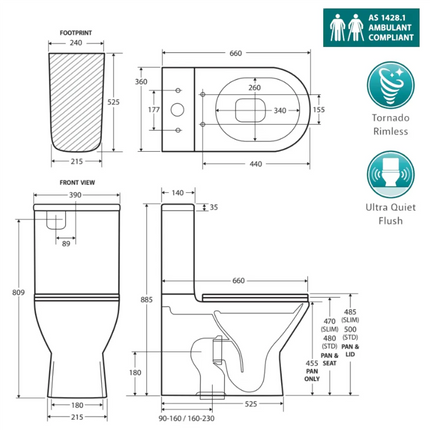 Fienza Tono Back-to-Wall Toilet Suite Slim Seat Tornado Rimless Ultra Quiet Flush Gloss White ,