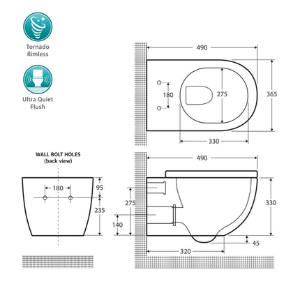 Fienza Koko Wall Hung Toilet Suite, Gloss White, Slim Seat