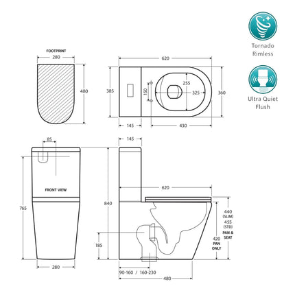 Fienza Aluca Back-to-Wall Toilet Suite Slim Seat Tornado Rimless Ultra Quiet Flush Gloss White ,