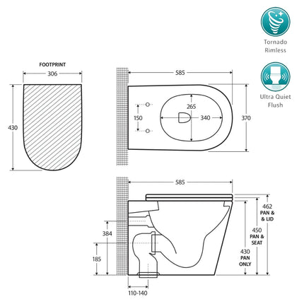 Fienza Aluca Wall Faced Toilet Suite, Gloss White, Slim Seat