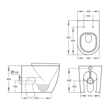 Elvera Tornado Flush Wall Faced Floor Pan Toilet Gloss White 630X365X445