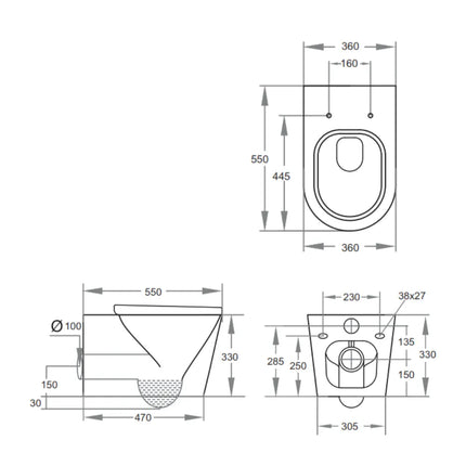 Vegas Rimless Wall Hung Pan Toilet Gloss White 550X360X330